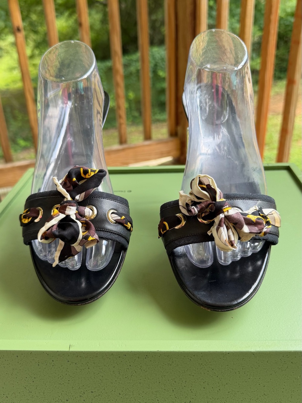 EUC Gucci Logo Mule Black Print Scarf Weave In The Strap Kitten Heel Size 9.5
